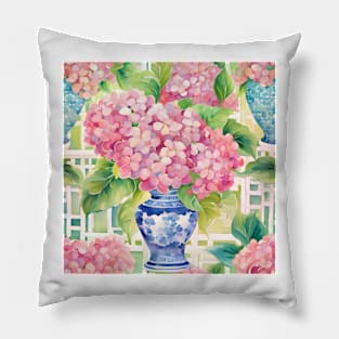 Hydrangeas in chinoiserie jars and white lattice Pillow
