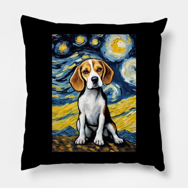 Beagle Dog Breed in a Van Gogh Starry Night Art Style Pillow by Art-Jiyuu