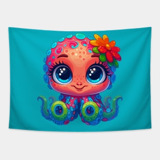 Colorful Octopus with Long Lashes and Big Eyes - Cute and Kawaii Digital Art Tapestry