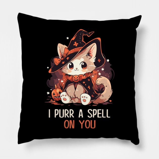 Funny Cat Pun Witch Spell Graphic Men Kids Women Halloween Pillow by KsuAnn