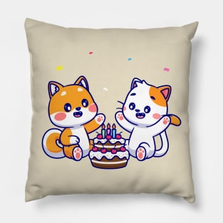 Cute Shiba Inu Dog And Cat With Birthday Cake Cartoon Pillow