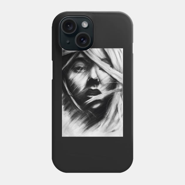 charcoal drawing odf a girl with windy hair Phone Case by stoekenbroek