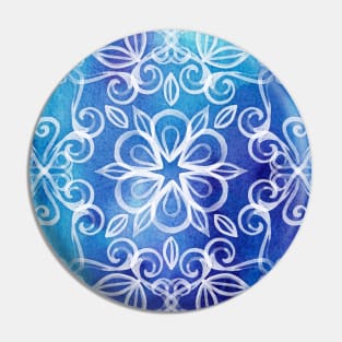 White Floral Painted Pattern on Blue Watercolor Pin