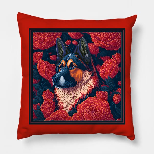 Dogs, shepherd dog and flowers, dog, seamless print, style vector (Black & red version shepherd dog) Pillow by xlhombat