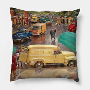 Vintage Cars in City Traffic with Pedestrians Pillow