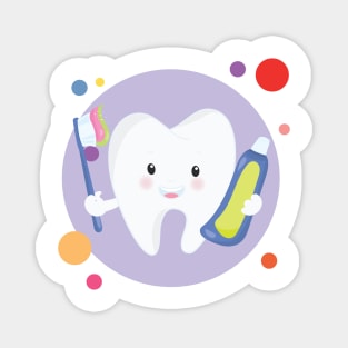 Clean Teeth With Smiling Happy Kawaii Cute Tooth Holding Toothpaste And Toothbrush Magnet