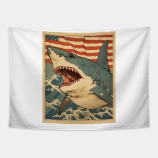 American Flag Patriotism and Freedom Great White Shark Tapestry