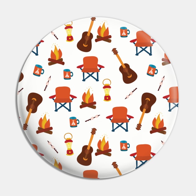 Camping print. Camping chair, campfire, coffee mug, marshmallow, camping lantern, and guitar on a white background. Pin by Sandra Hutter Designs