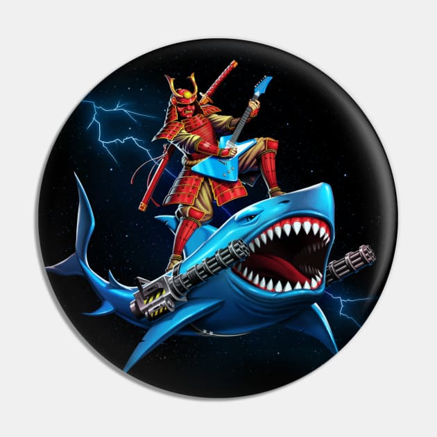 Epic Samurai Surfing on a Shark in Space Playing Guitar Pin by andremuller.art