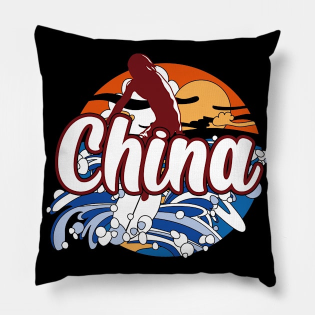 China surfing trip fitting gift. Perfect present for mother dad father friend him or her Pillow by SerenityByAlex