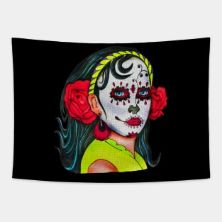 Dia De Los Muertos Skull Girl with Roses Tapestry