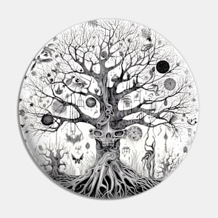 Haunted Tree of Life Spooky Graphic Art Skulls Gothic Tree Pin