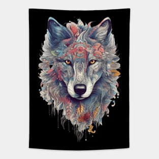 Colorful Wolf With Flowers Tapestry