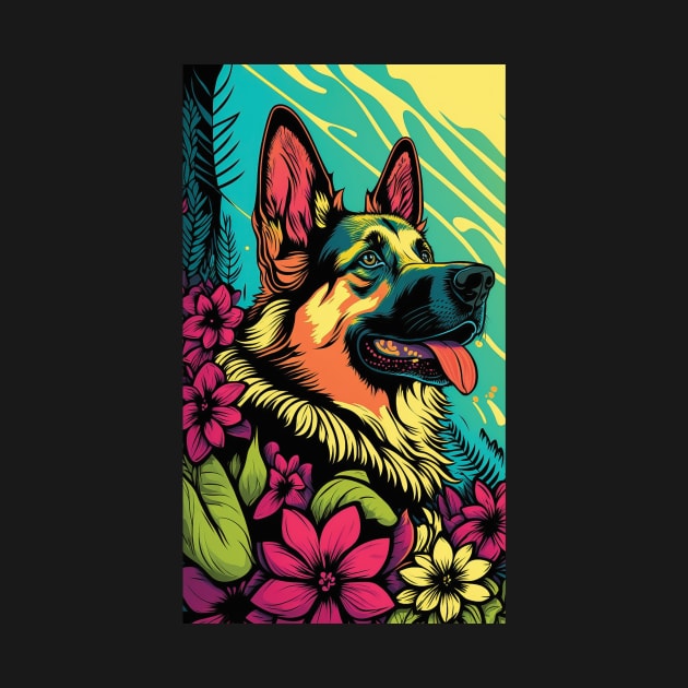 German Shepherd Dog Vibrant Tropical Flower Tall Retro Vintage Digital Pop Art Portrait 2 by ArtHouseFlunky