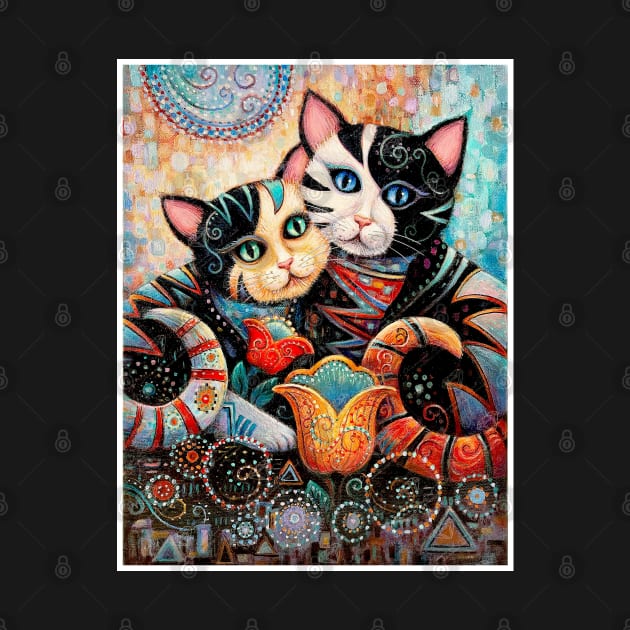 Cat Couple with Flowers : A Louis Wain abstract psychedelic Art Print by posterbobs