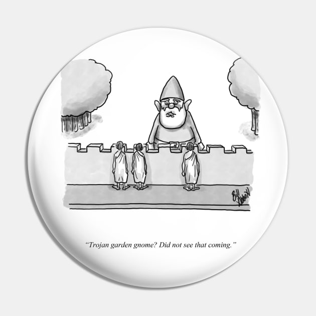 Classic Trojan Garden Gnome Cartoon Pin by abbottcartoons