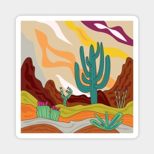 Desert climate, retro style, abstract cactus , sun, sand and mountains , Arizona Magnet