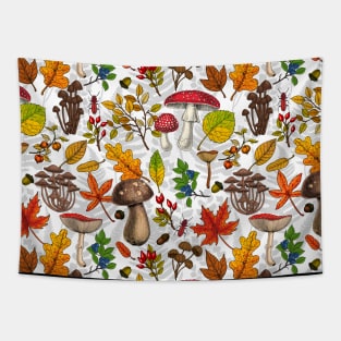 Autumn mushrooms, leaves, nuts and berries on white Tapestry