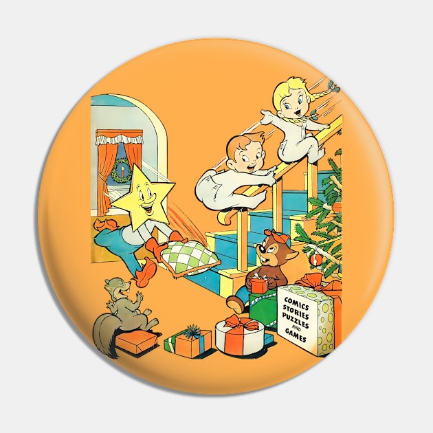 Happy children going down the stairs on Christmas morning to see the gifts that Santa Claus left under the pine tree Comic Retro Vintage Pin by REVISTANGO