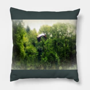 Great Blue Heron Flying Past the Trees Above Trojan Pond Pillow