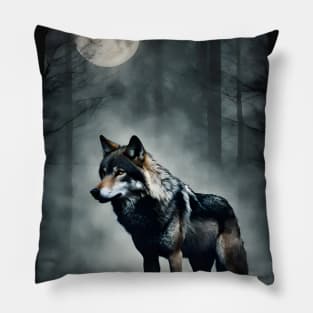 Mysterious Wolf in the Foggy Dark Forest Vintage Pillow