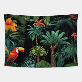 Tropical Rainforest with Banana Trees Palm Trees and Toucans Tapestry