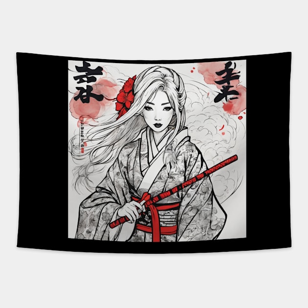 JAPANESE GIRL BLACK AND WHITE illustration art Tapestry by nonagobich