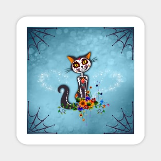 Funny cute sugar cat skeleton with flowers Magnet