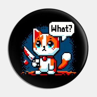 Pixelated Mischievous Cat with Knife - Quirky Pixel Art Humor Pin