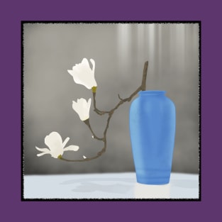 Elegant Harmony: Blue Vase and White Flowers - Captivating Digital Art T-Shirt