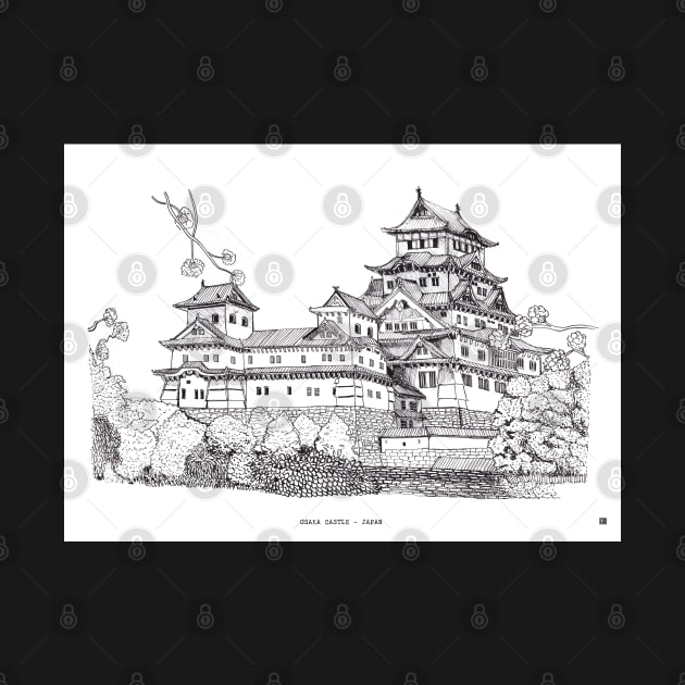 Osaka Castle Japan Pen and Ink Illustration by Wall-Art-Sketch