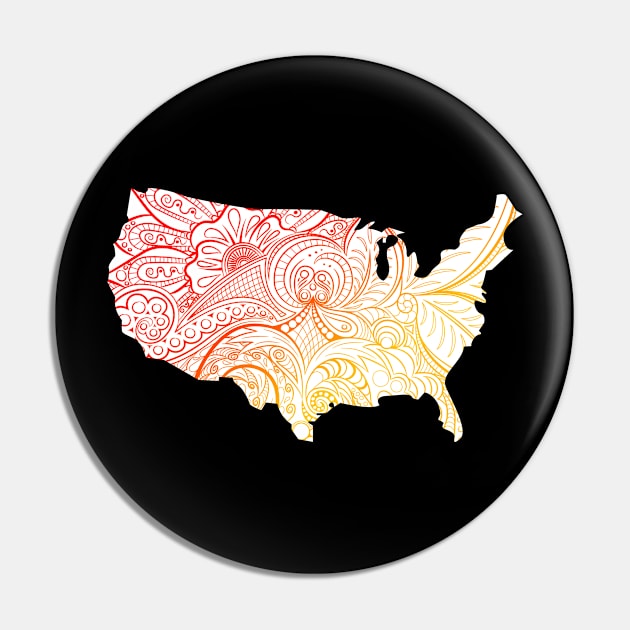 Colorful mandala art map of the United States of America in red and yellow with white background Pin by Happy Citizen