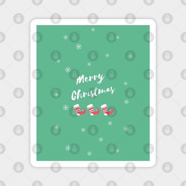 Merry Christmas Elf Shoes and Snowflakes on green Background Magnet by Christine aka stine1