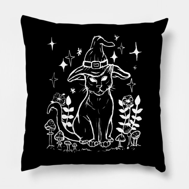 Black Cat, Mushrooms, Foliage, Witchy Gothic Punk Pillow by LunaElizabeth