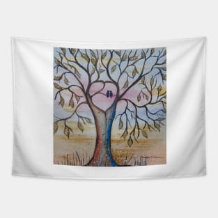 Birds in a Gold Heart Tree Tapestry