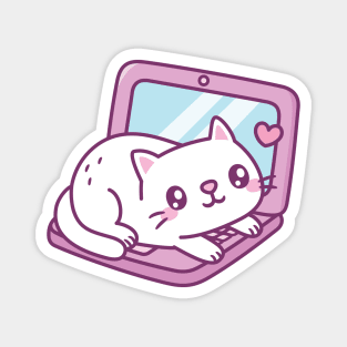 Cute White Cat Resting On Laptop Magnet