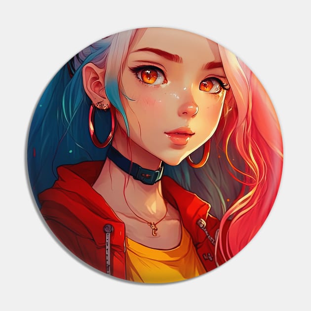 Kawaii Anime Egirl Rainbow colored hair - Anime Girl - Pin