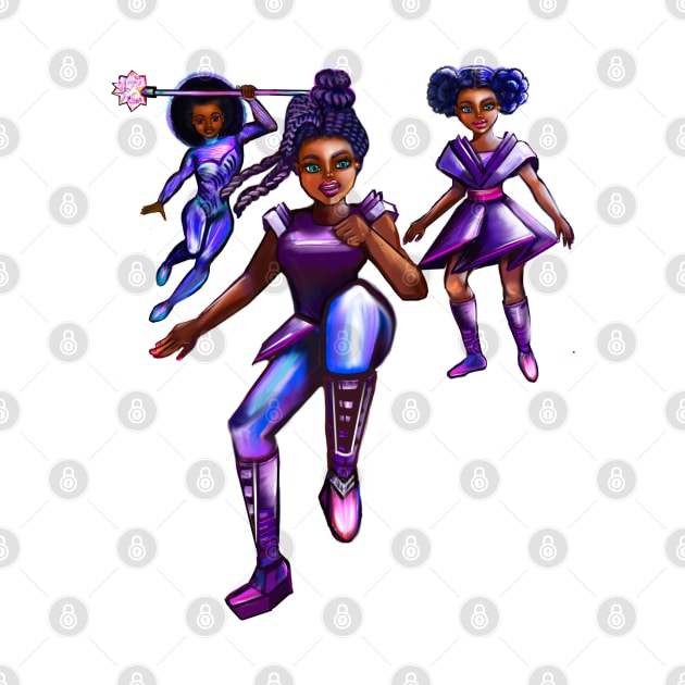 Black anime superhero girls from outer space! beautiful  black girl with Afro hair, brown eyes, Cherry pink lips and dark brown skin. Hair love ! by Artonmytee