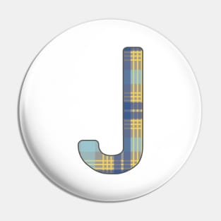 Monogram Letter J, Blue, Yellow and Grey Scottish Tartan Style Typography Design Pin