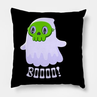 Boooo! - Playful Ghost Wearing A Green Skull Pillow