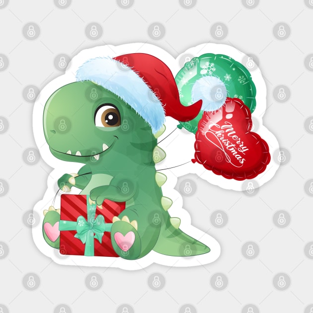 Cute Christmas T Rex With Santa Hat And Gift Box Magnet by P-ashion Tee