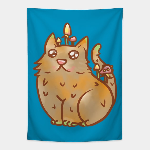 Cartoon Chibi Mushroom Cat Art Tapestry by Manfish Inc.