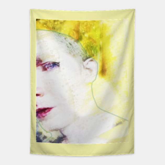 Portrait, digital collage and special processing. Face glimpse.Very beautiful guy. Very soft. Warm yellow, white. Tapestry by 234TeeUser234