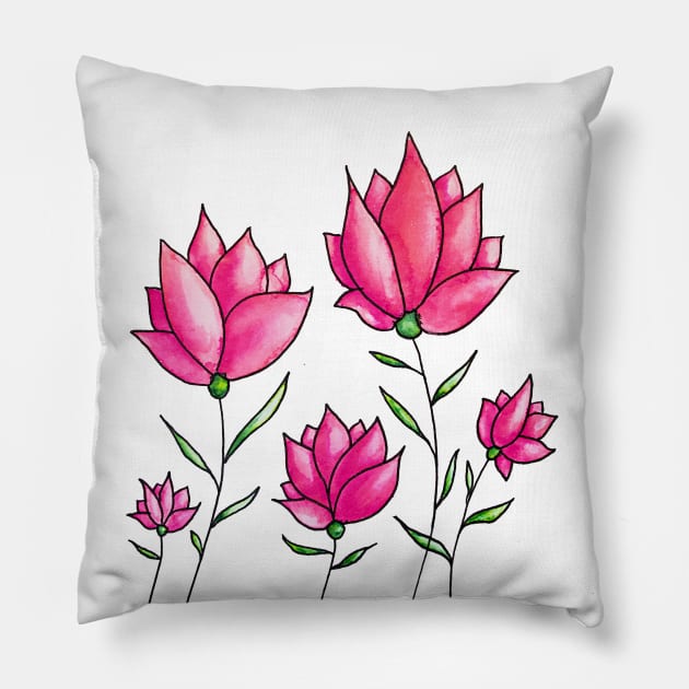 Pink Flowers Ink Watercolor Pillow by Boriana Giormova