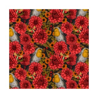 Robins in the autumn garden, red dahlias on black T-Shirt