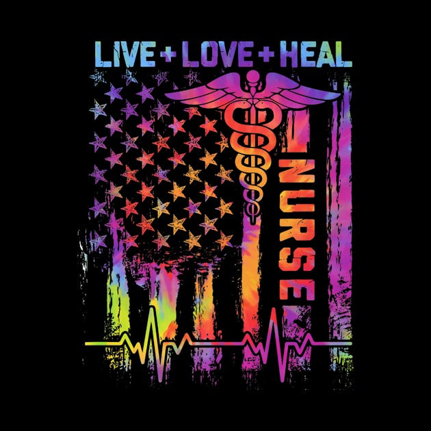 Live Love Heal American US Flag Heartbeat Nurse Day Nursing by Usama al-Qadi