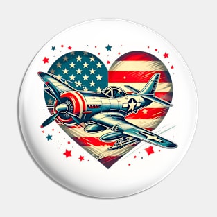 Retro july 4th Fighter Jet Airplane, American Flag Heart, Freedom Pin