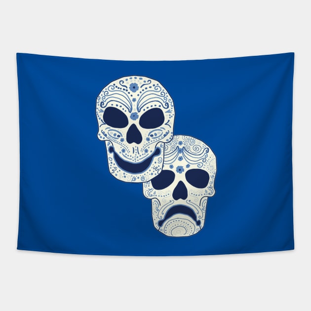 Cyan Comedy-Tragedy Muertos Tapestry by Jan4insight TeeStore