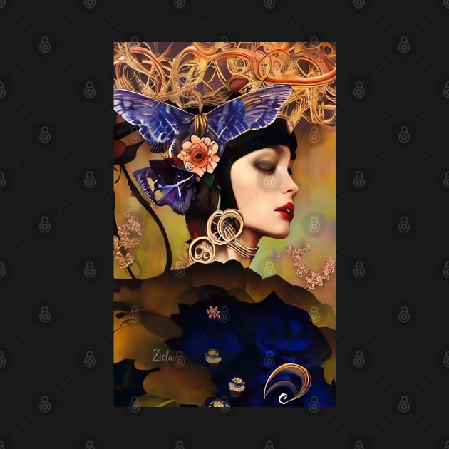 Pretty Art Deco girl painting with butterflies flowers and roses by ZiolaRosa