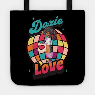 Cute Dachshund wearing cute fashion on a Doxie Love tee Tote